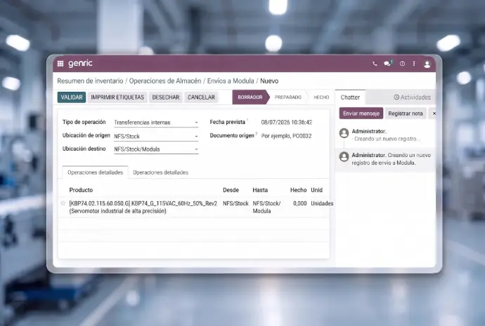Pantalla del ERP Odoo enviando una orden de preparación de albaranes y picking al almacén Modula.