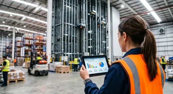 Jefe de almacén revisando el cuadre automático de inventario en Odoo a través de una tablet frente al armario Modula.